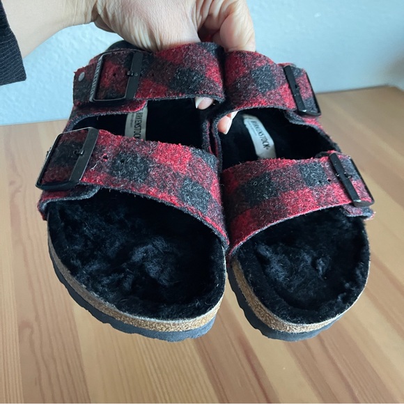 Birkenstock Arizona Plaid Red Fur Shearling Sandal - Picture 12 of 15